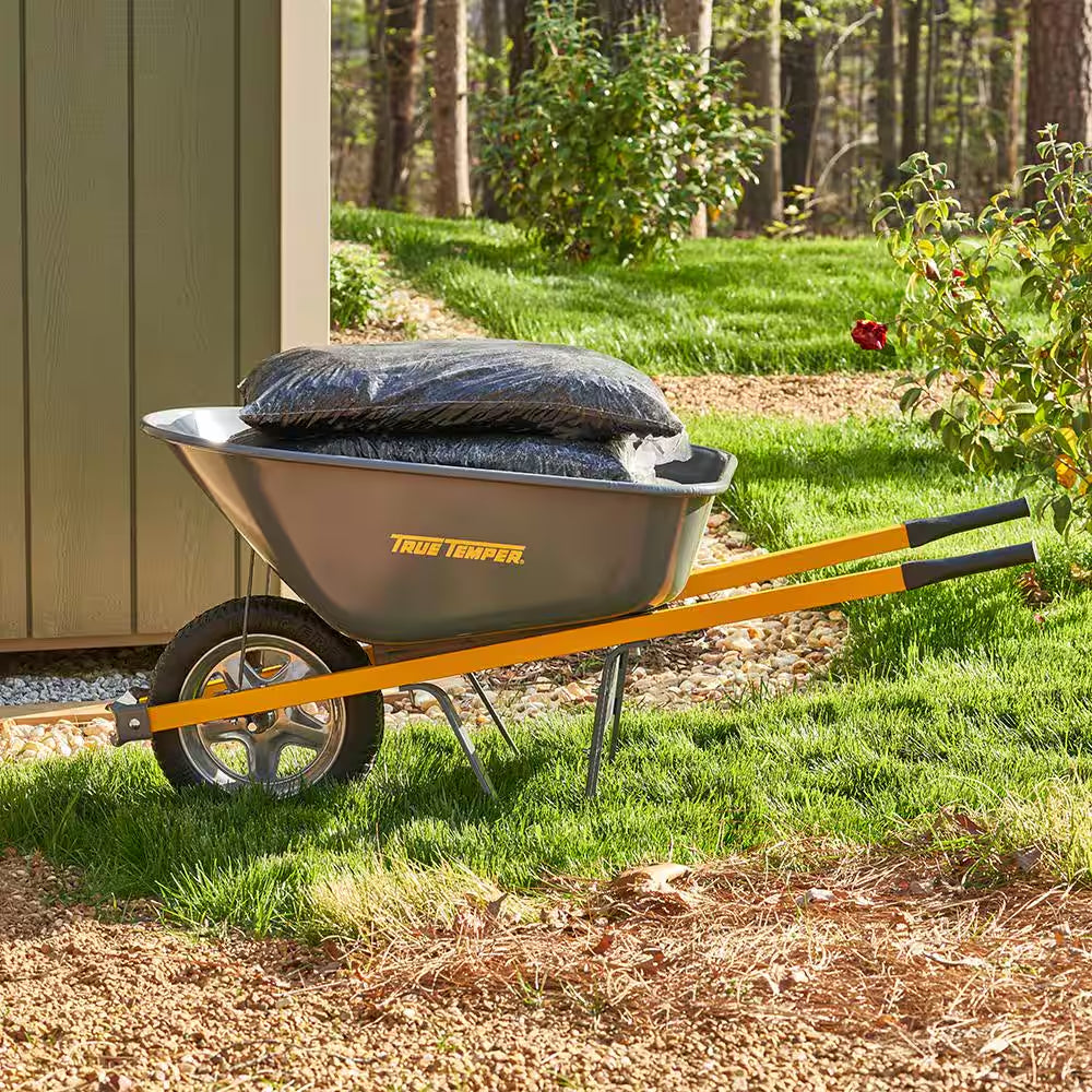 6 Cu. Ft Steel Wheelbarrow with Flat Free Tires and Metal Handles