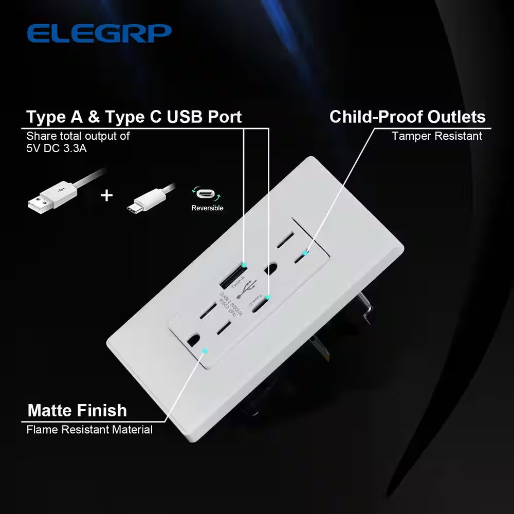25-Watt 15 Amp Dual Type a and Type C USB Wall Duplex Outlet, Wall Plate Included, White (2-Pack)
