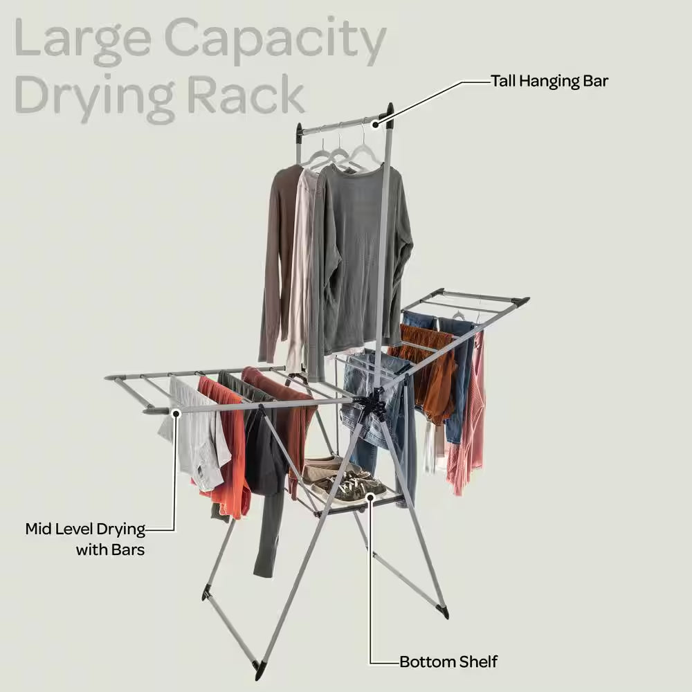 Clothes Drying Rack - 2-Level Laundry Drying Rack with 24 Drying Rails, Hanging Bar, and 2 Height-Adjustable Wings