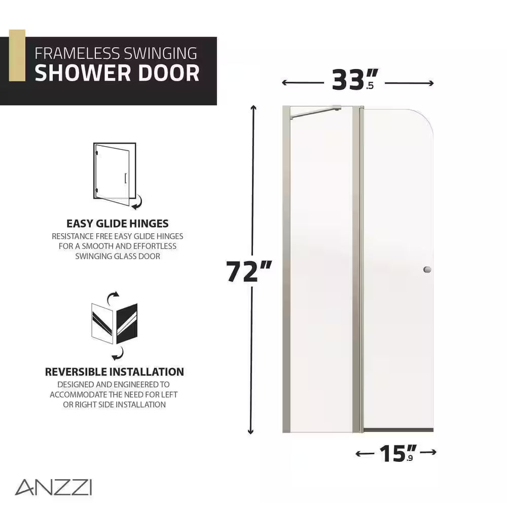Romance Series 33.3 In. X 72 In. H Hinged Frameless Shower Door in Brushed Nickel with Tsunami Guard Tempered Glass