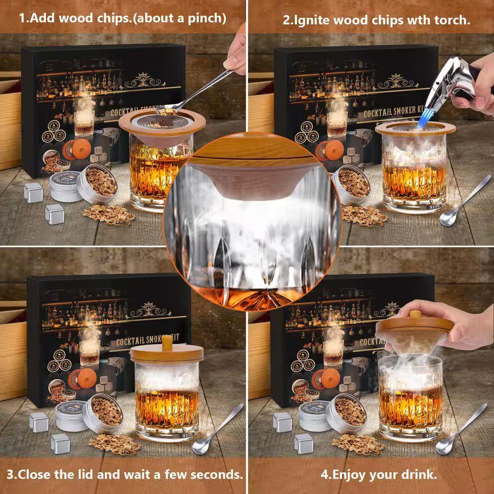 Kit Old Fashioned Whiskey Smoker Natural Wood Cocktail Smoker Infuser Bar Kitchen Food Drink Smoker (No Butane)