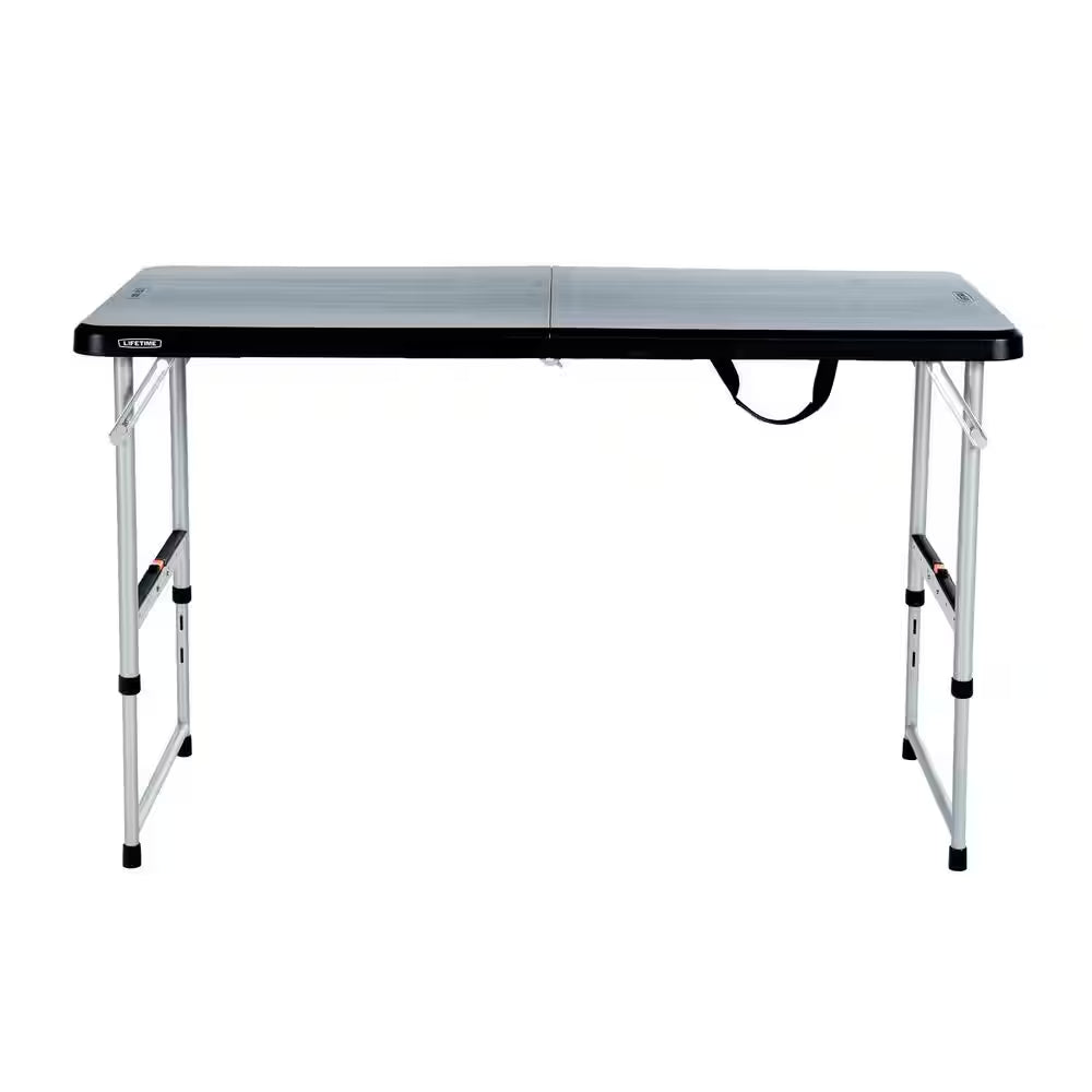 48 In. L Rectangle Black Resin Top Adjustable Fold-In-Half Table with Silver Frame