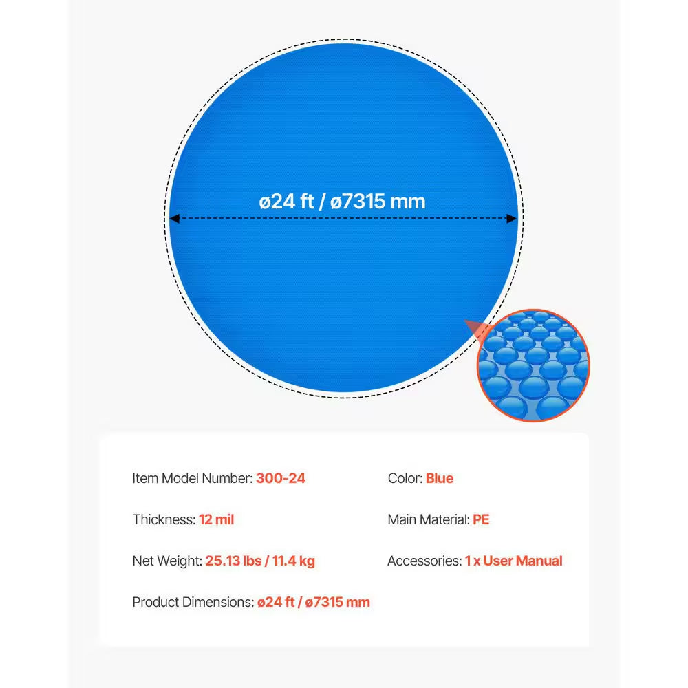 Solar Pool Cover, 24 Ft. round Pool Bubble Cover, 12 Mil Pools Solar Blanket with Bubble & PE Material