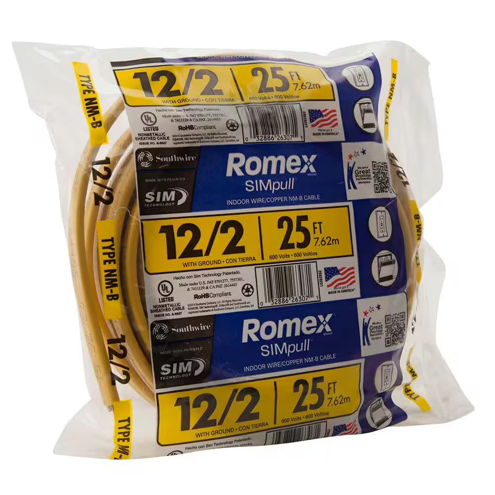 25 Ft. 12/2 Solid Romex Simpull CU NM-B W/G Wire