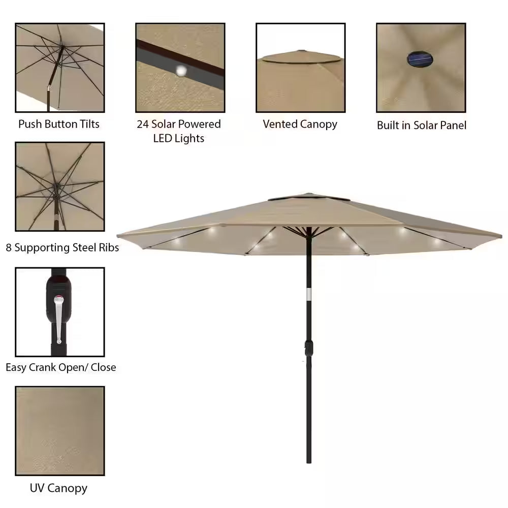 10 Ft. Aluminum Solar LED Lighted Patio Market Umbrella with Auto Tilt, Easy Crank Lift in Tan