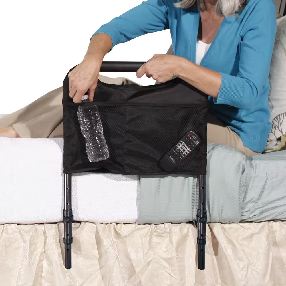 17 In. Bedside Safety Handle Bed Rail Assist with Padded Handle and Pouch in Brown