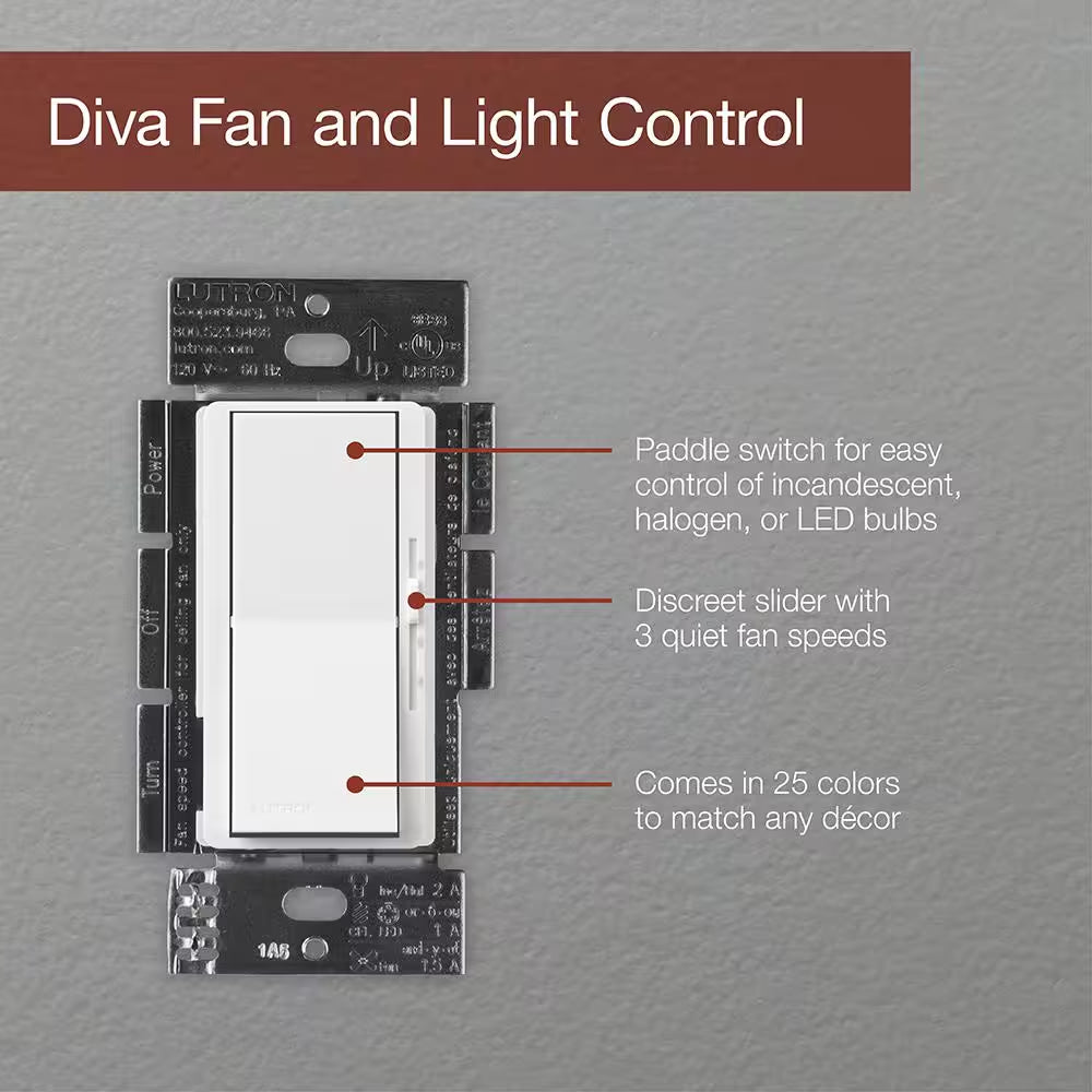 Diva 3-Speed Rocker Fan Control and Light Switch, Single-Pole, 1.5A Fan/1A LED, White (DVFSQ-LFH-WH)