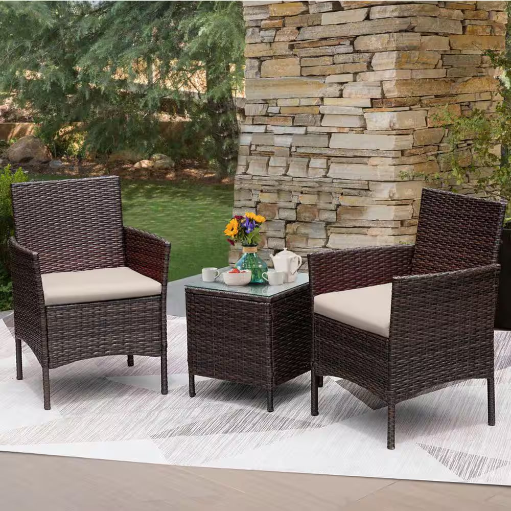 Brown 3-Pieces Patio Furniture PE Rattan Outdoor Conversation Set W/Table Backyard Garden Set with Beige Cushion