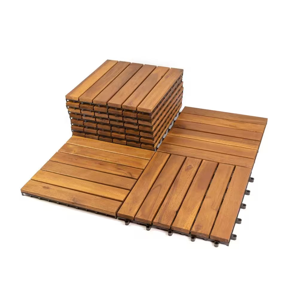 12 In. X 12 In. Acacia Wood Interlocking Flooring Deck Tile Brown 6-Slats, 10-Pack Covering 10 Sq. Ft.
