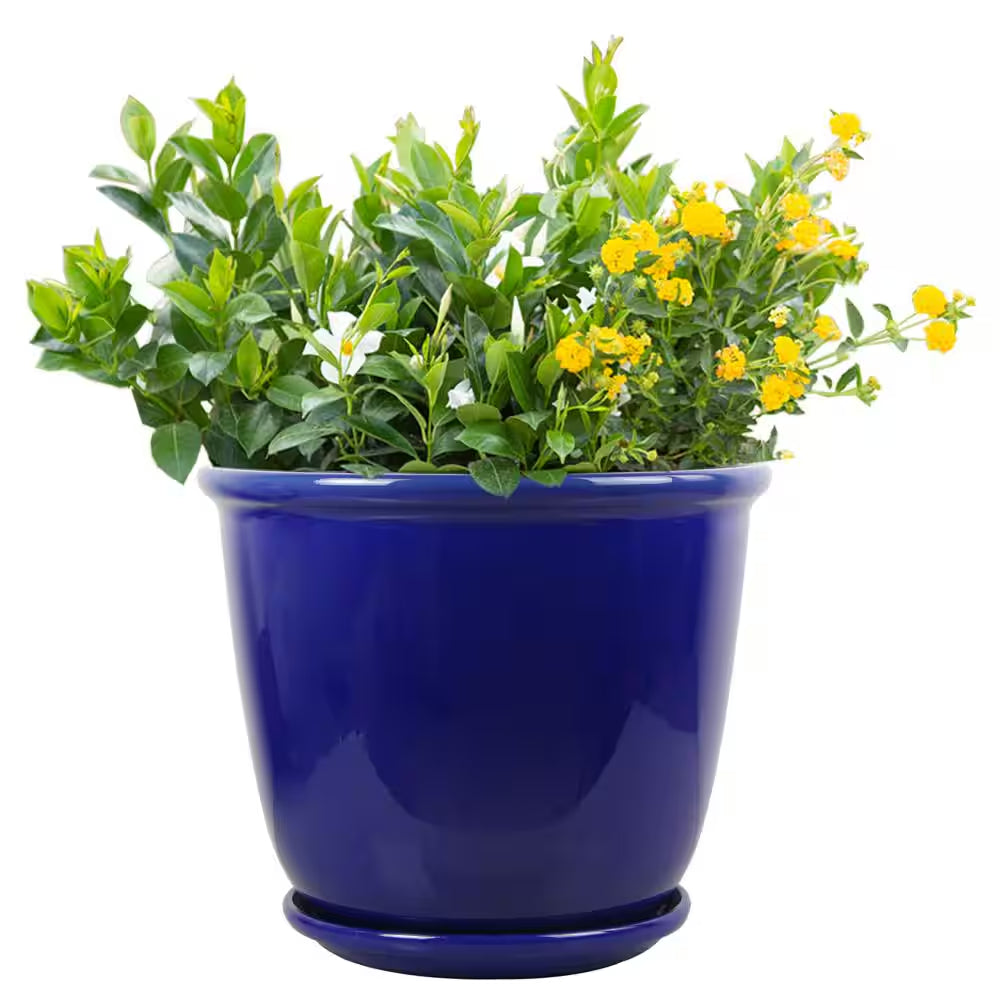 Delphine Large Blue Plastic Planter with Attached Saucer and Drainage Holes (18 In. L X 18 In. W X 15 In. H)