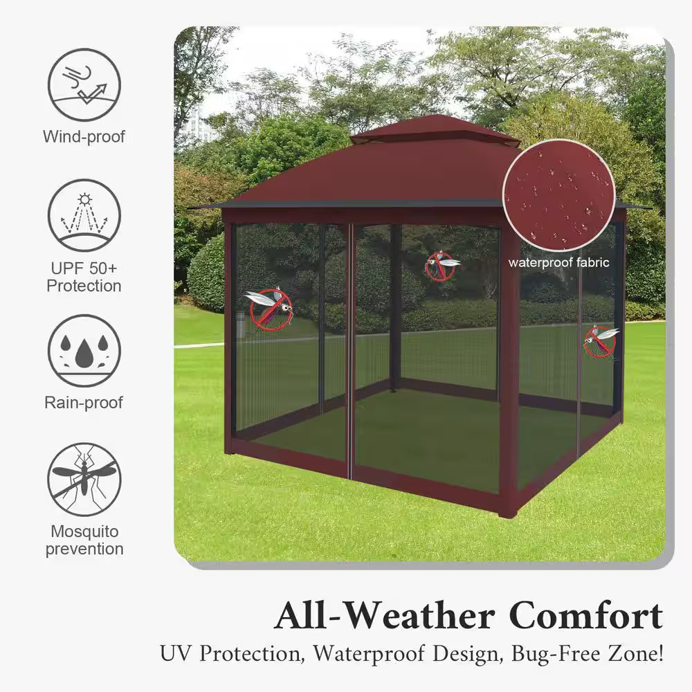 11 Ft. X 11 Ft. Pro Series Outdoor Instant Canopy Shelter Tent with Mosquito Netting Metal Frame Storage Bag, Red
