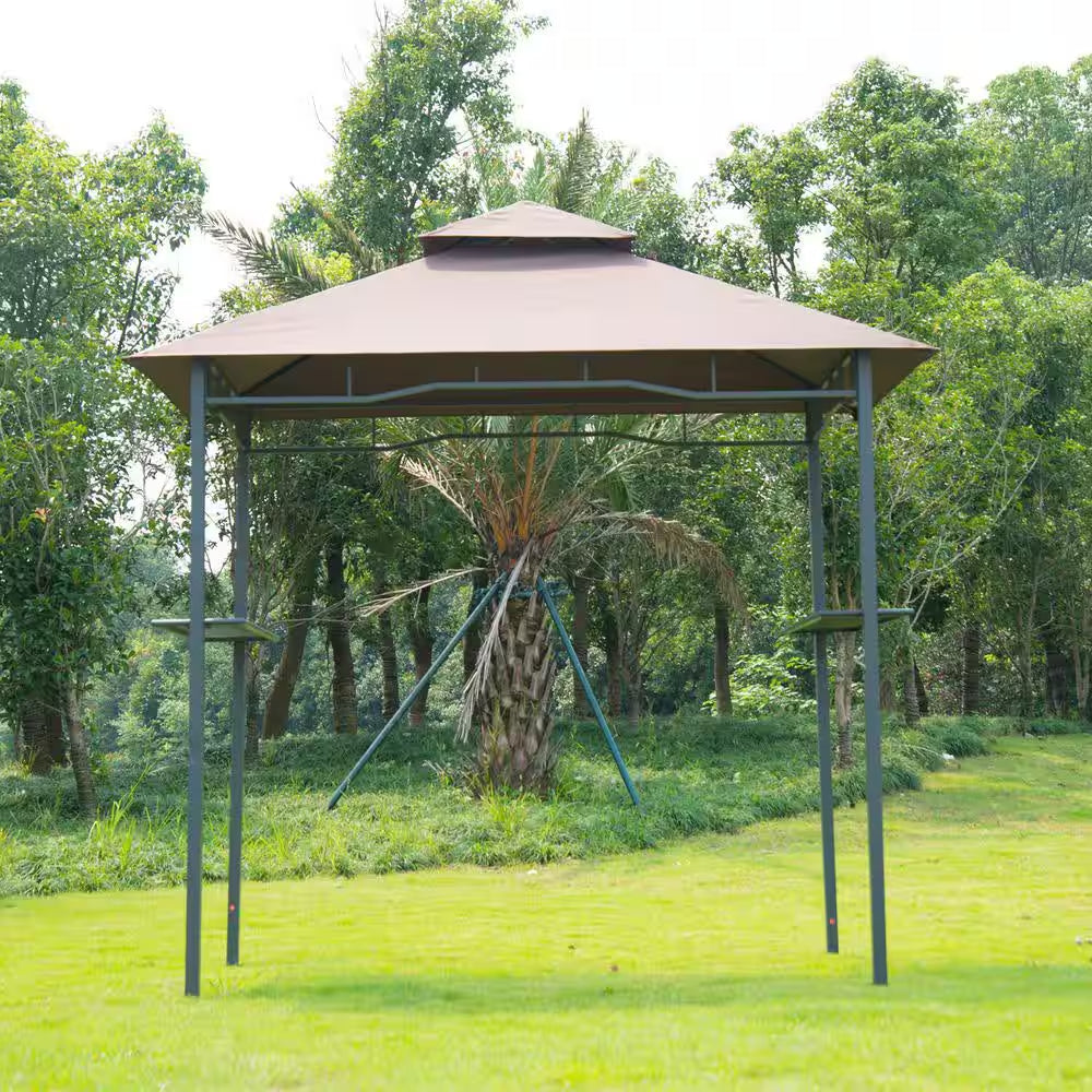 5 Ft. X 8 Ft. Beige Patio Double-Tier BBQ Grill Canopy Tent with Flame Retardant Cover Work Surface & Stylish Utility