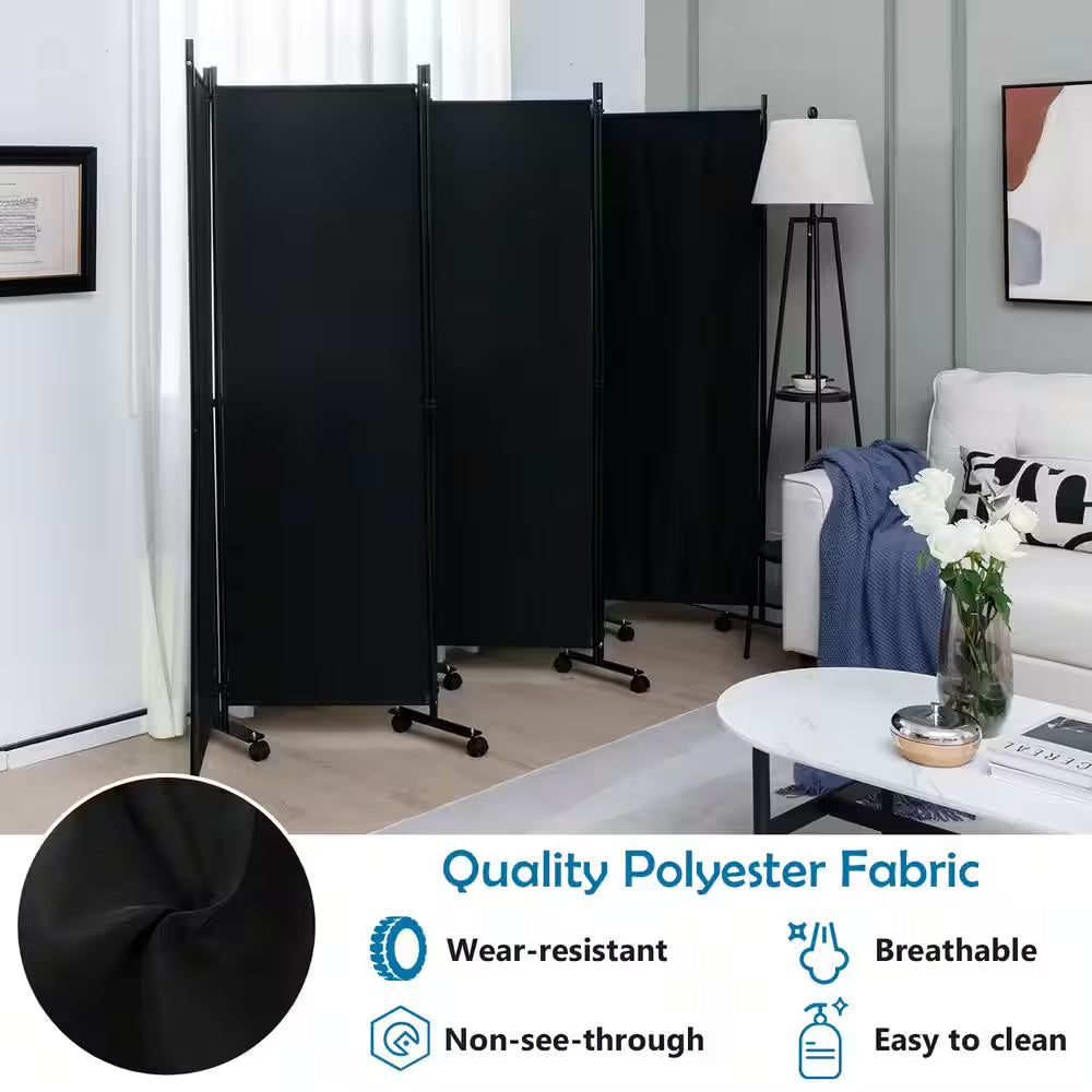 6-Panel Folding Room Divider 6 Ft. Rolling Privacy Screen with Lockable Wheels Black