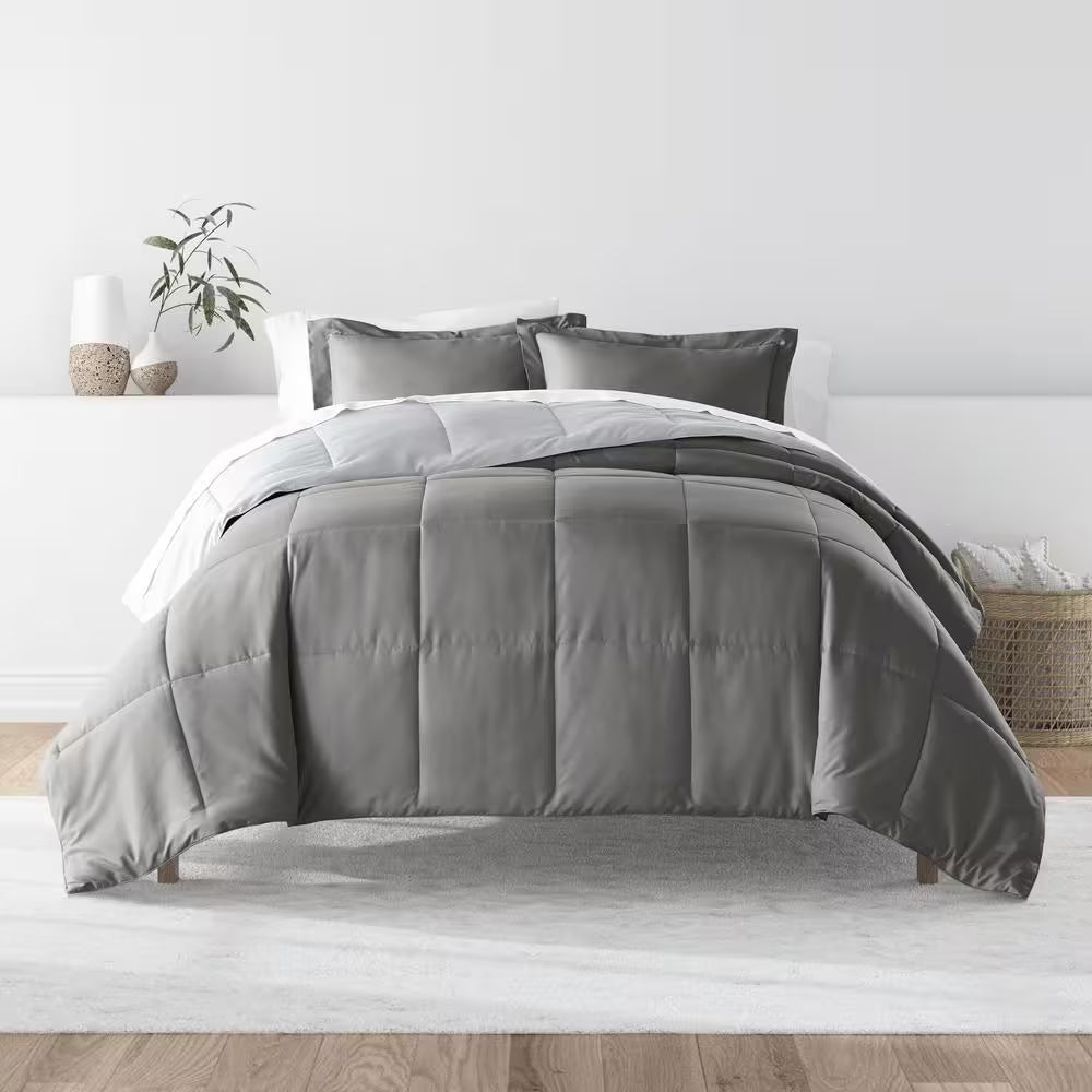 Gray and Light Gray Microfiber down Alternative Full/Queen Reversible Comforter Set