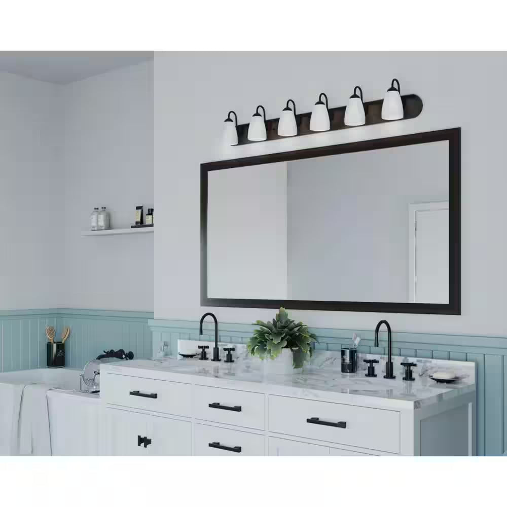 Gather Collection 48 In. 6-Light Antique Bronze Etched Glass Traditional Bathroom Vanity Light