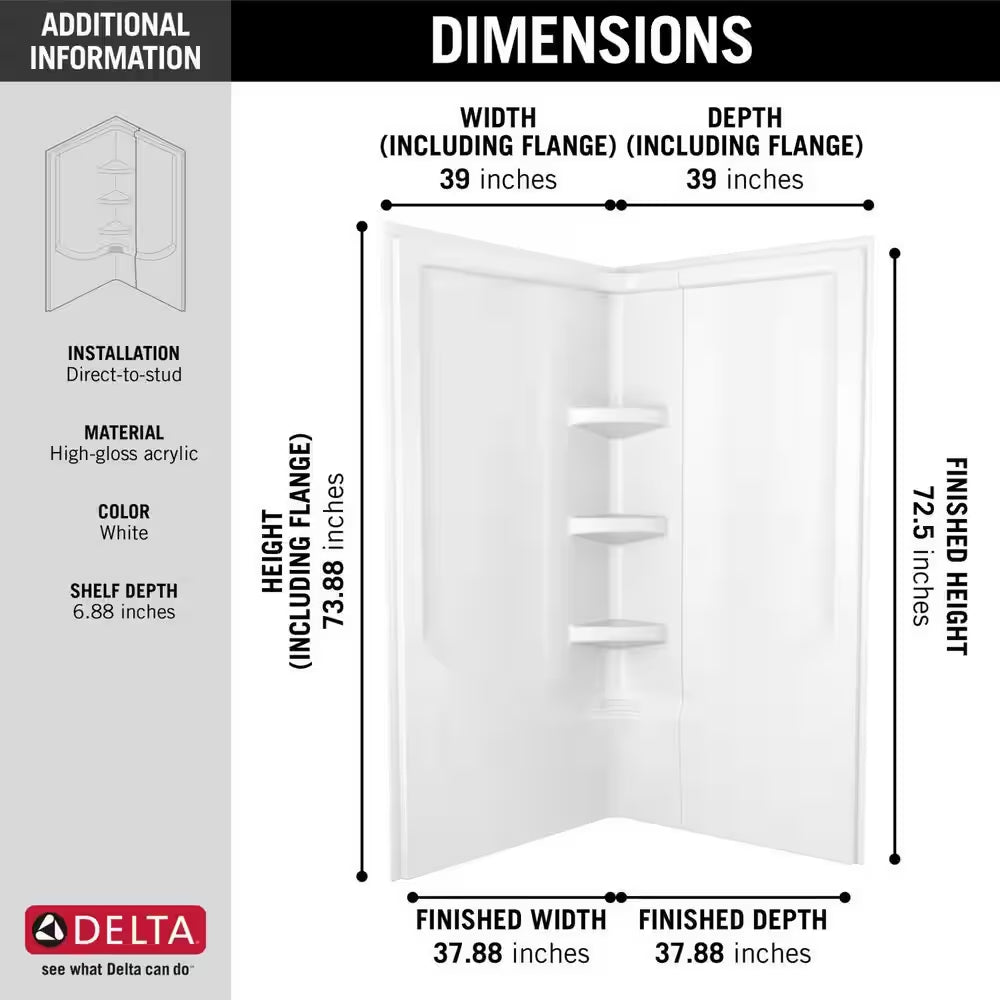 38 In. W X 73.88 In. H 2-Piece Direct-To-Stud Corner Shower Wall Surrounds in White