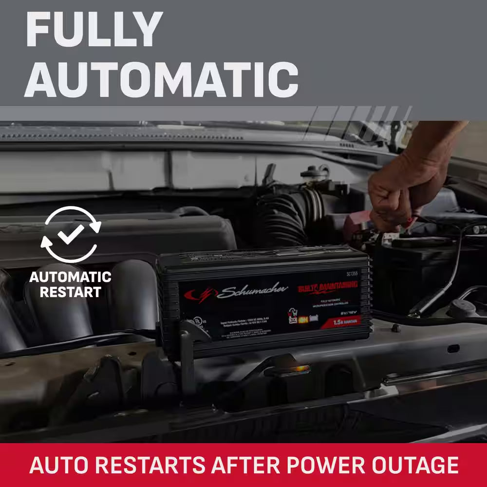 1.5A Car Battery Charger and Maintainer, Restores Batteries, Smart Trickle Charge, Automatic,Auto Restart,6V/12V, SC1355