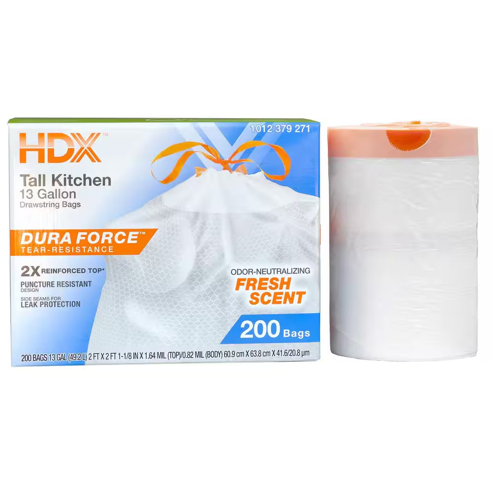 13 Gallon Reinforced Top Drawstring Fresh Scented Tall Kitchen Trash Bags with 20% PCR (200-Count)