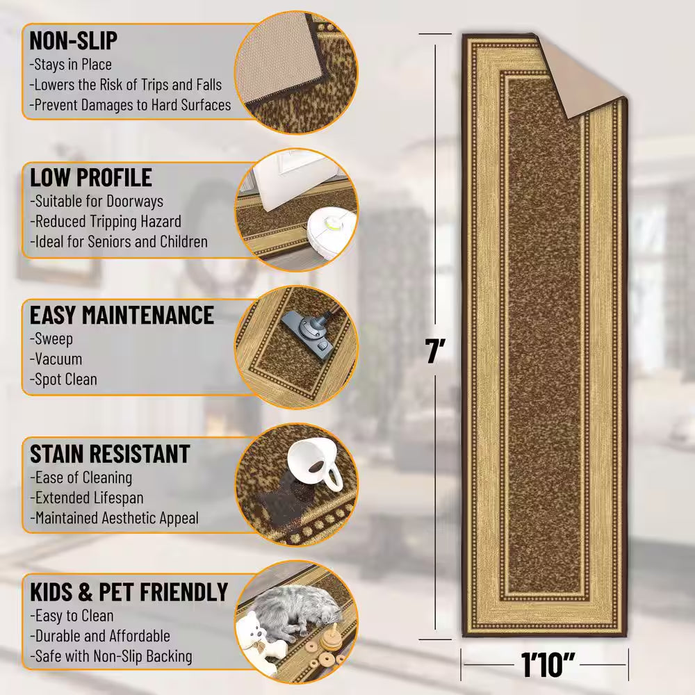 Ottohome Collection Non-Slip Rubberback Bordered Design 2X7 Indoor Runner Rug, 1 Ft. 10 In. X 7 Ft., Dark Brown