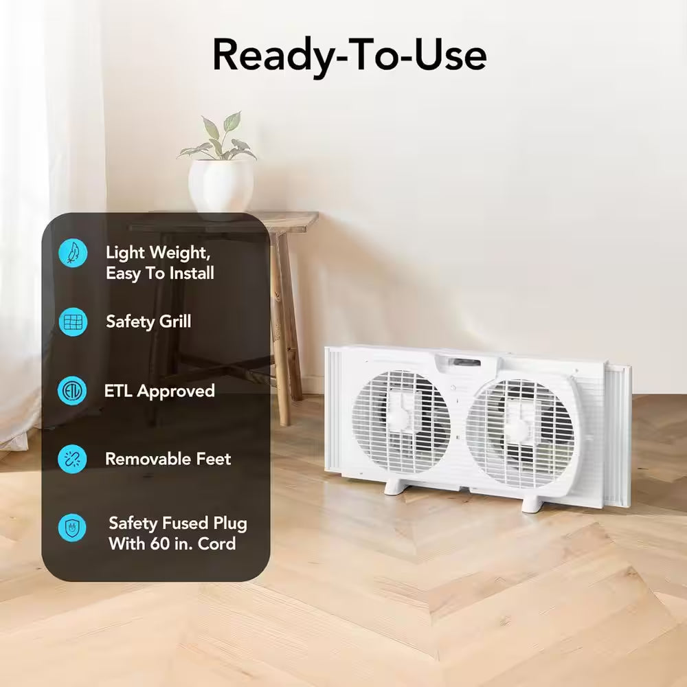 9 In. Electric Twin Window Fan with 3 Fan Speeds, Quiet Setting, White
