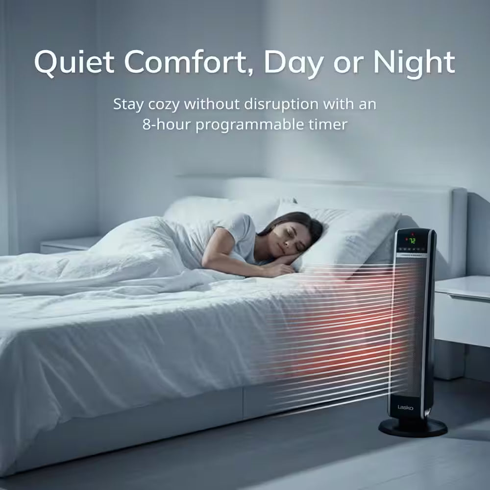 1500W 30 In. Black Indoor Electric Tower Forced Air Ceramic Space Heater with Thermostat, 2-Speeds, Timer, and Remote