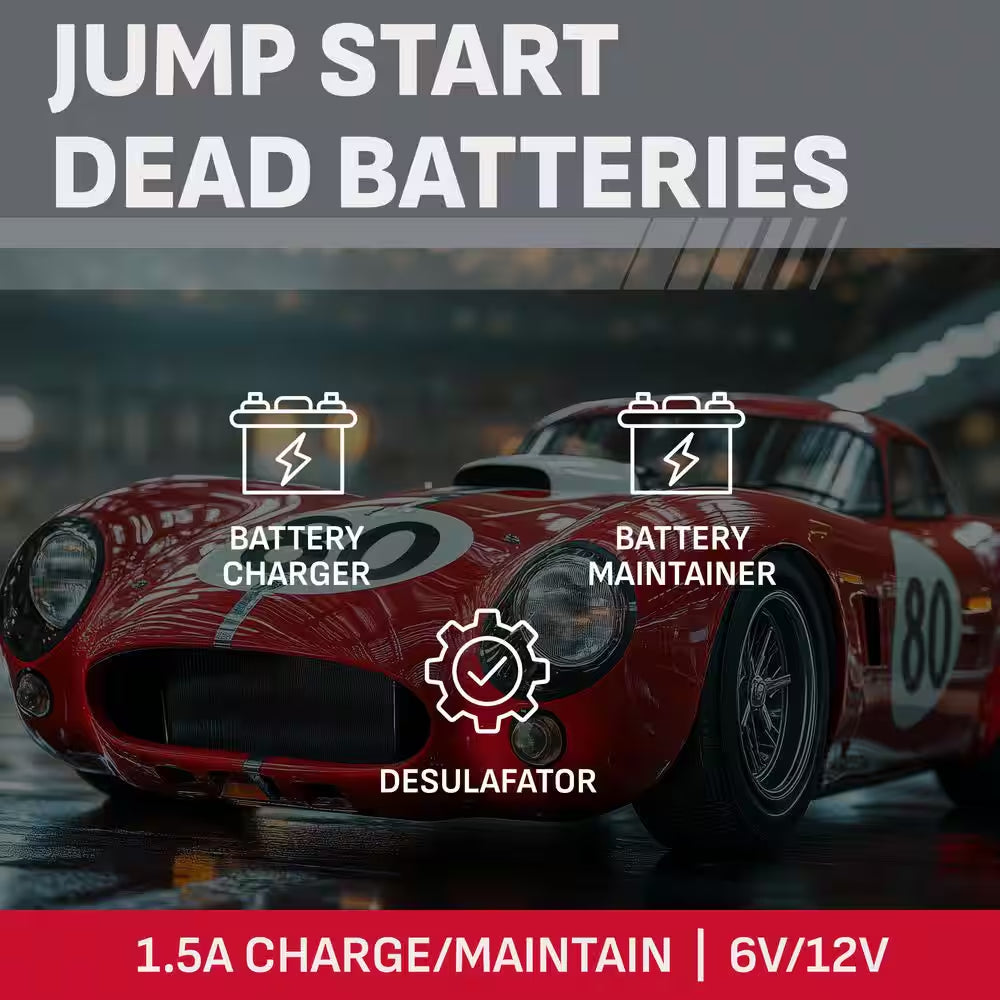 1.5A Car Battery Charger and Maintainer, Restores Batteries, Smart Trickle Charge, Automatic,Auto Restart,6V/12V, SC1355
