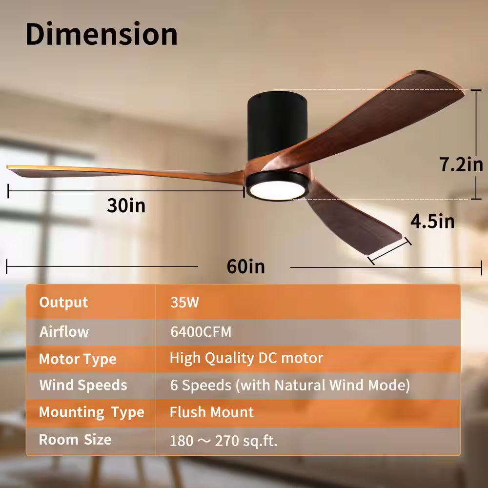 60 In. Indoor/Outdoor Black Modern Flush Mount LED Ceiling Fan with 3-Colors Dimmable and Remote APP Control