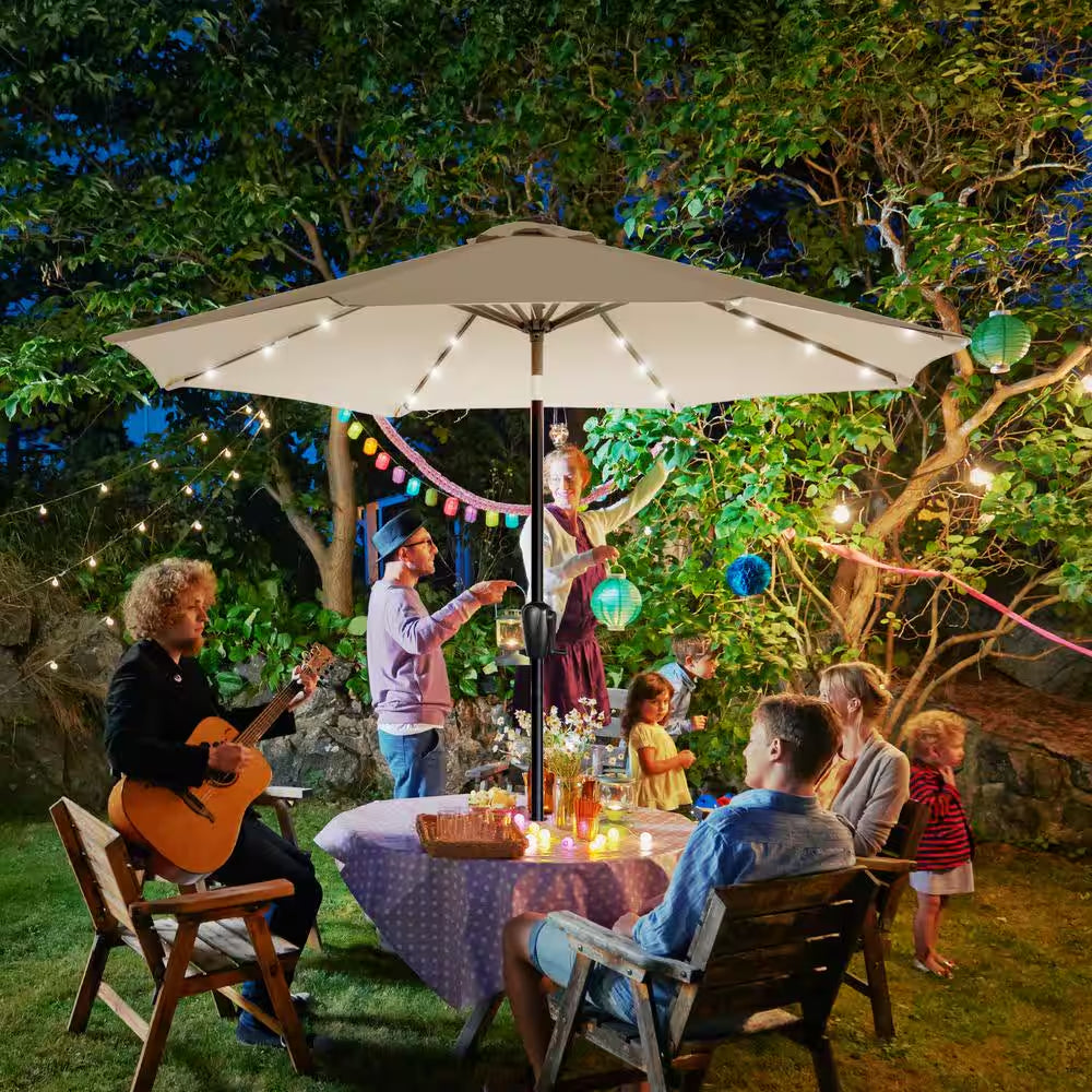 9 Ft. Steel Market Solar Lighted 8-Rib round Patio Umbrella in Taupe