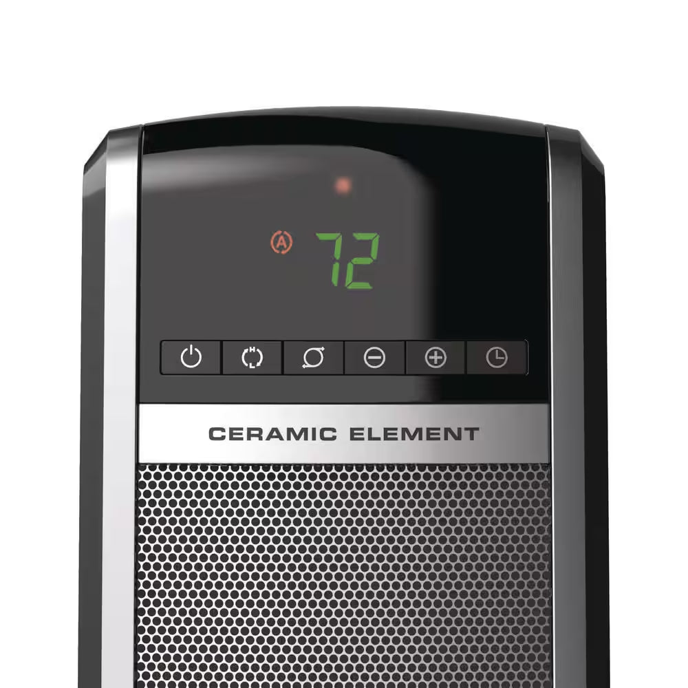 1500W 30 In. Black Indoor Electric Tower Forced Air Ceramic Space Heater with Thermostat, 2-Speeds, Timer, and Remote