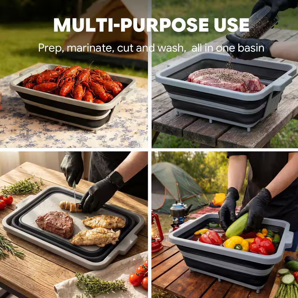 9-Piece Multifunctional Collapsible BBQ Prep Tub with Cutting Board, Portable Grill Tool Set, Black