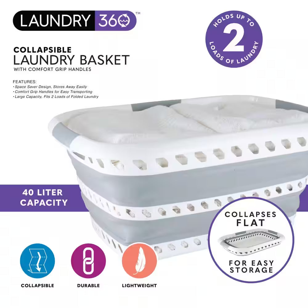 Collapsible Laundry Basket in White/Grey