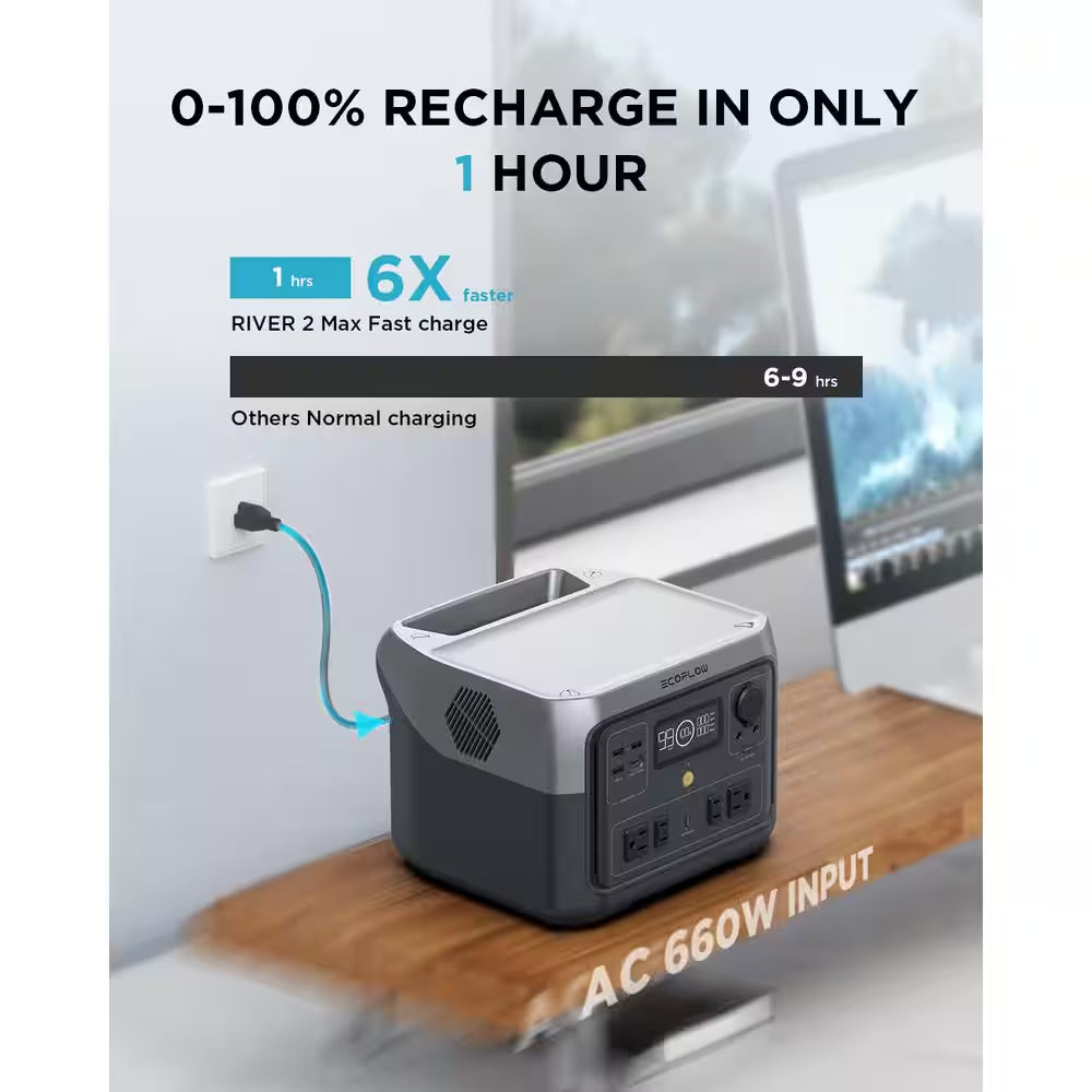 500W Output/1000W Peak Push-Button Start Battery Generator RIVER 2 Max, LFP Battery, Fast Charging for Outdoor, Camping