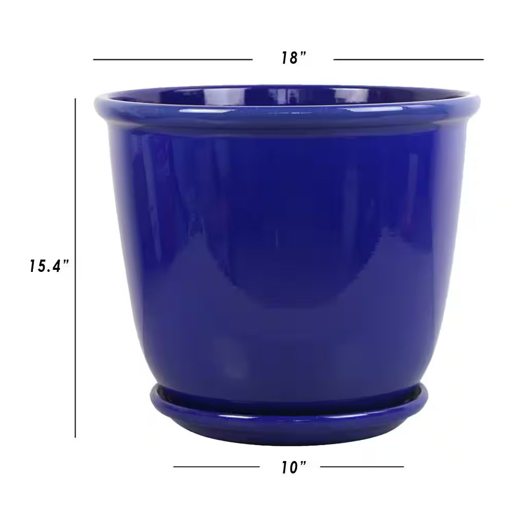 Delphine Large Blue Plastic Planter with Attached Saucer and Drainage Holes (18 In. L X 18 In. W X 15 In. H)