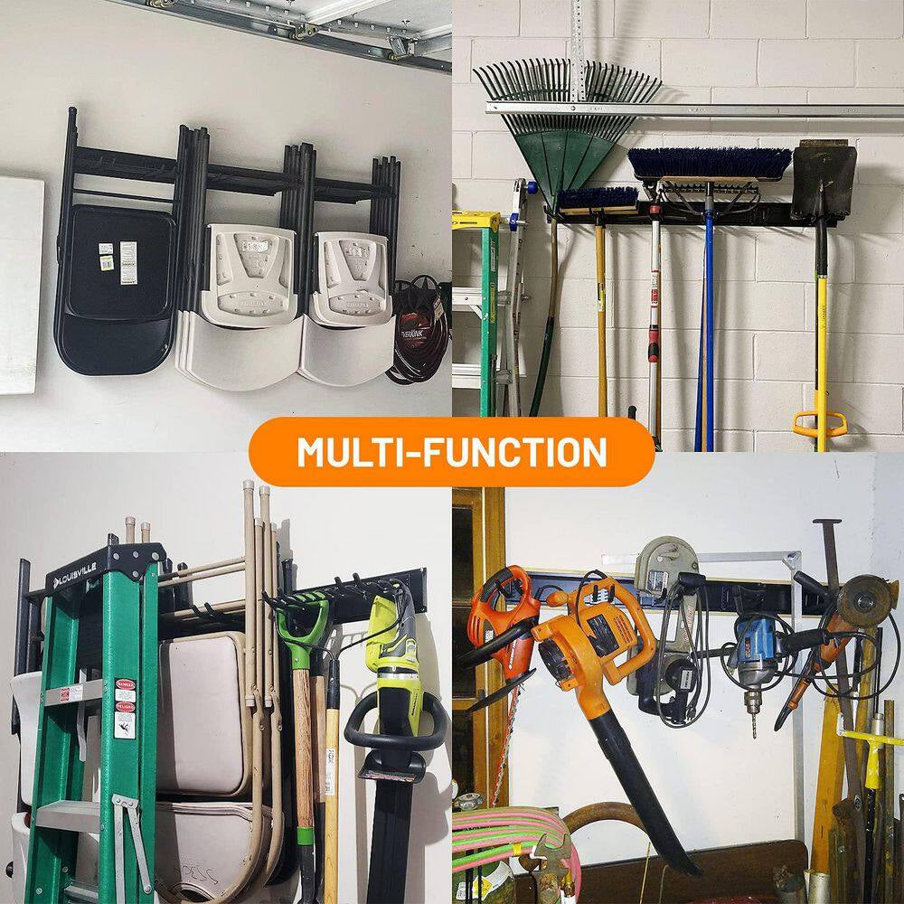 48 In. W X 4 In. H Wall-Mounted Heavy Duty Black Tool Rack Organizer with 6 Adjustable Hooks for Garage, Barn and Shed