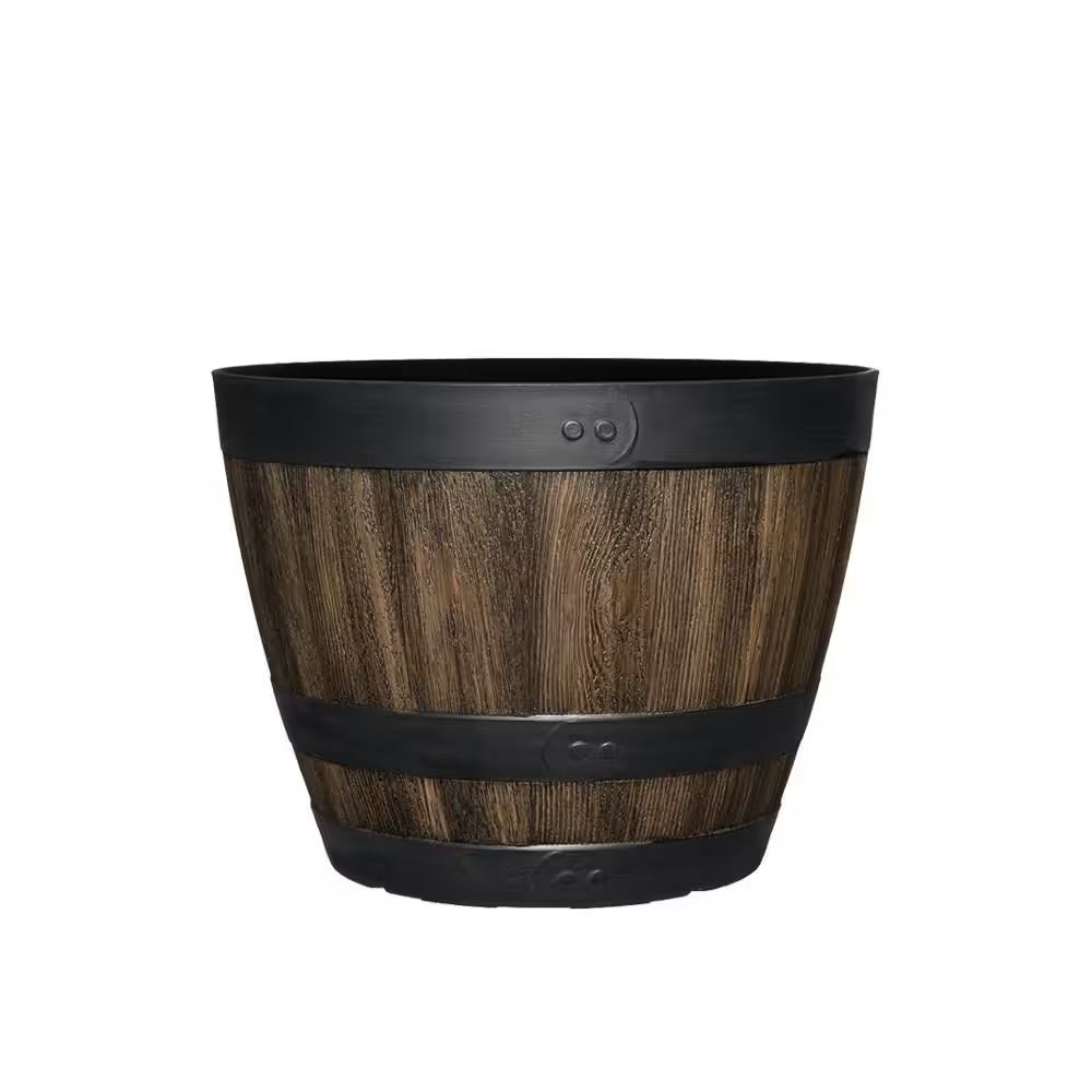 Reedley Medium Walnut Brown Resin Wine Barrel Lightweight round Planter (11.33 In. L X 11.33 In. W X 8.51 In. H)