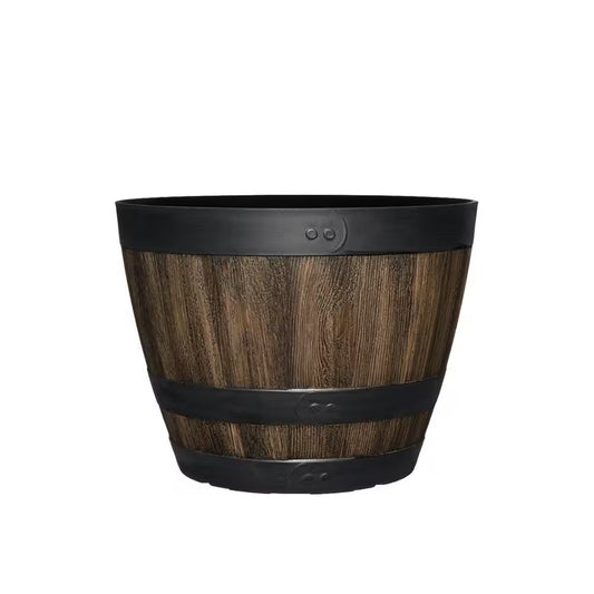 Reedley Medium Walnut Brown Resin Wine Barrel Lightweight round Planter (11.33 In. L X 11.33 In. W X 8.51 In. H)
