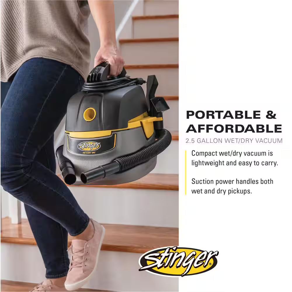 2.5 Gal. 1.75 Peak HP Small Shop Vacuum Wet Dry Vac with Filter Bag, Hose, Utility and Car Nozzle Attachments HD2025