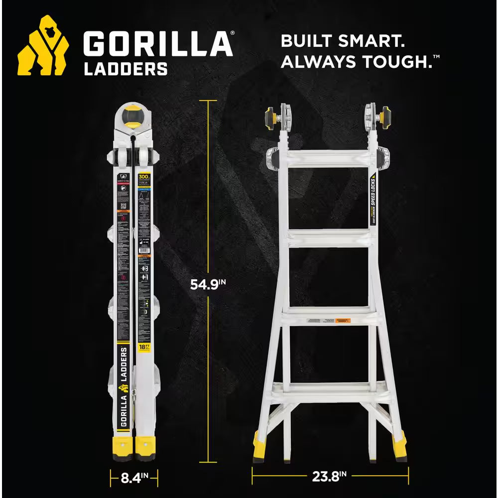 18 Ft Reach Aluminum Multi-Position Ladder with Tool Hangers, 300 Lbs. Load Capacity, Type IA Duty Rating