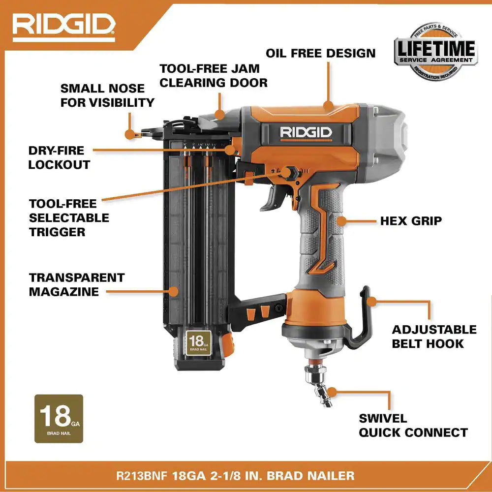 Pneumatic 18-Gauge 2-1/8 In. Brad Nailer with CLEAN DRIVE Technology, and Tool Bag