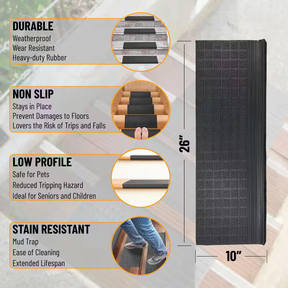 Easy Clean, Waterproof, Low Profile Non-Slip Indoor/Outdoor Rubber Stair Treads, 10 In. X 26.5 In. (Set of 5), Black