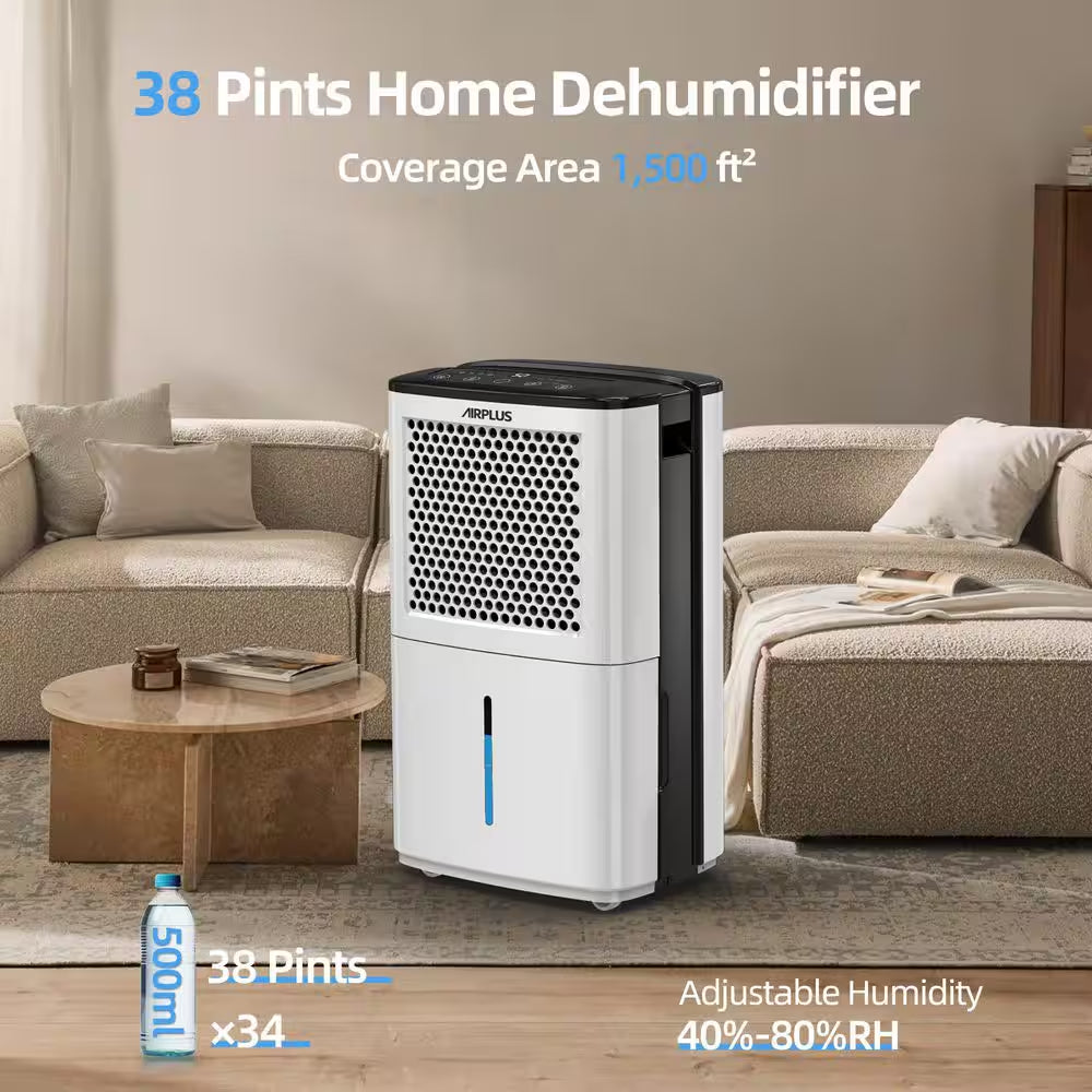 38 Pt. 2000 Sq. Ft. Portable Dehumidifier in White with 8.03 Pt. Bucket, Auto Defrost, Anionic Air Mode, 2-Fan Speeds