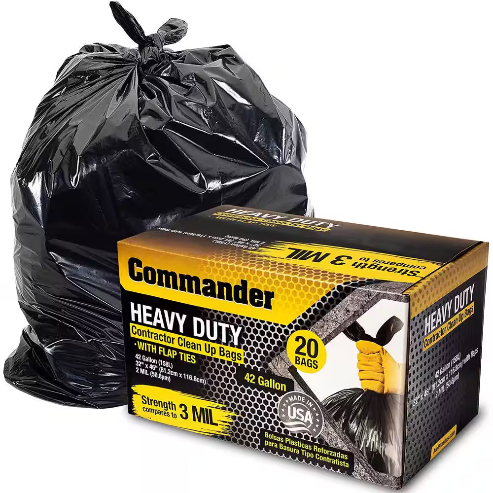 33 In. X 45 In. 42 Gal. Black Heavy-Duty Trash Bags (Pack of 20) 3 Mil for Home Kitchen Lawn and Contractor (Pack of 20)