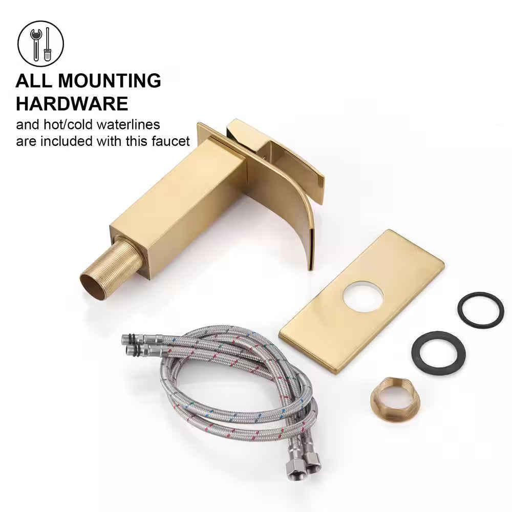 Single-Handle Arc Single-Hole Bathroom Faucet with Waterfall in Brushed Gold