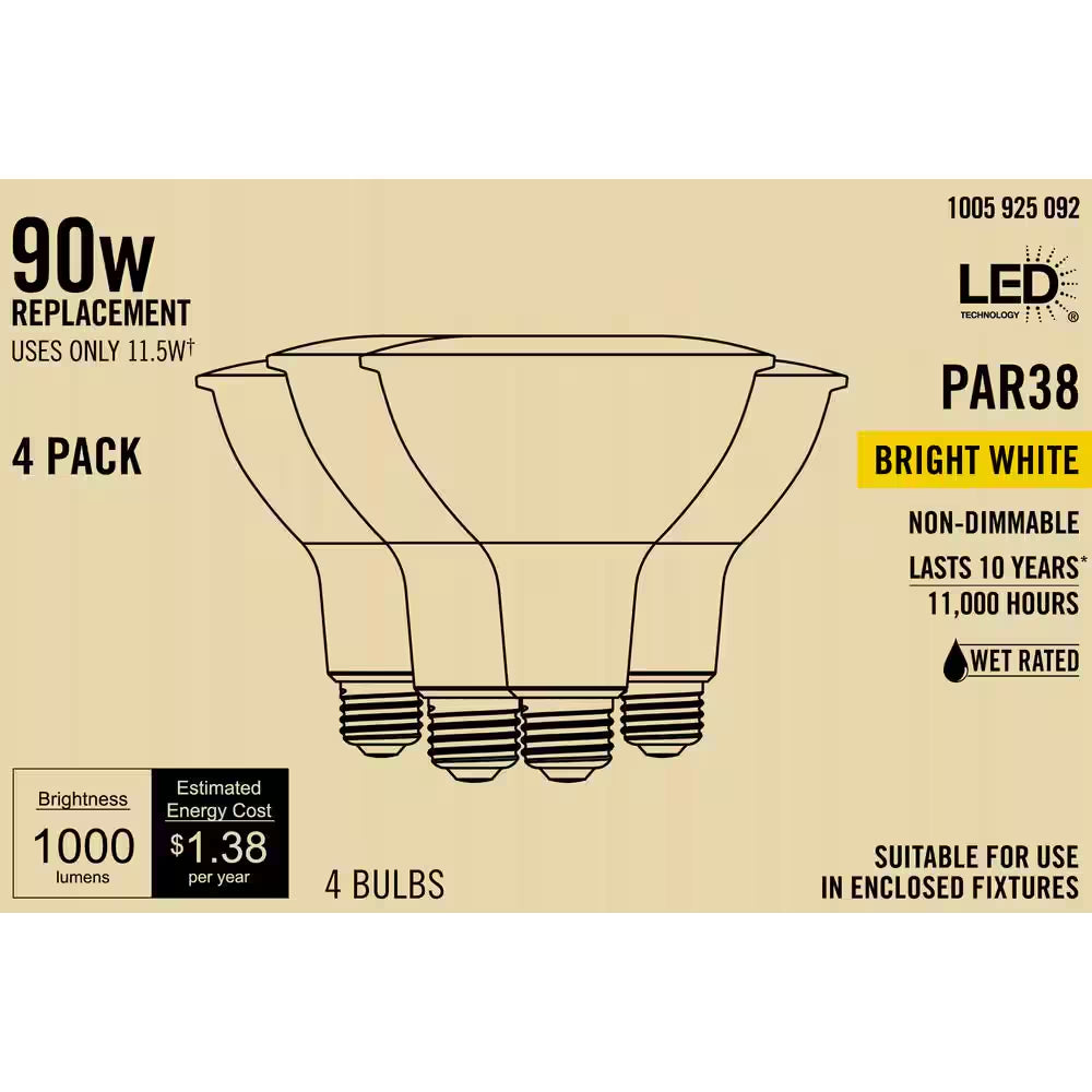 90-Watt Equivalent PAR38 Non-Dimmable Flood LED Light Bulb Bright White (4-Pack)