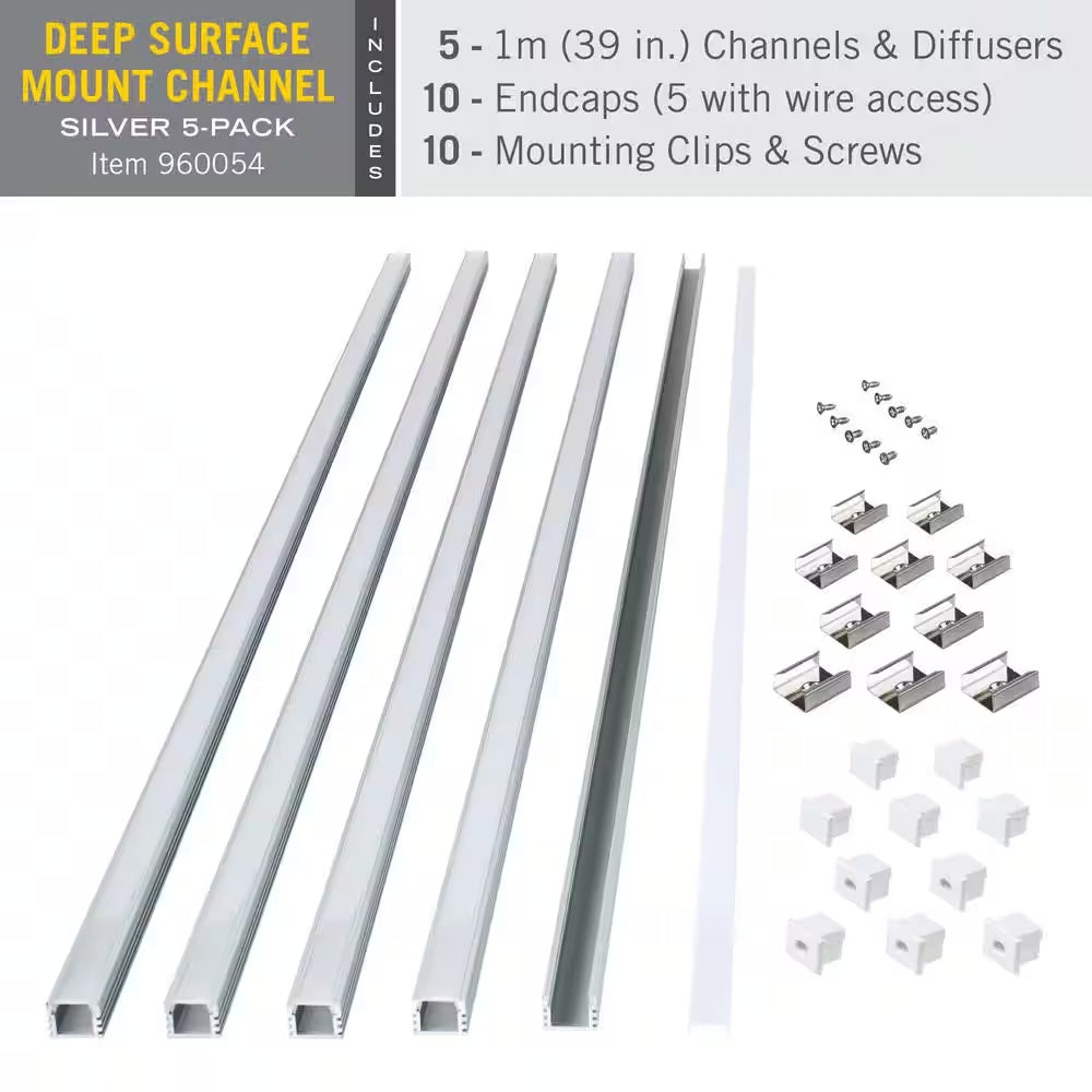 Deep Surface Mount LED Tape Light Channel, Silver (5-Pack)