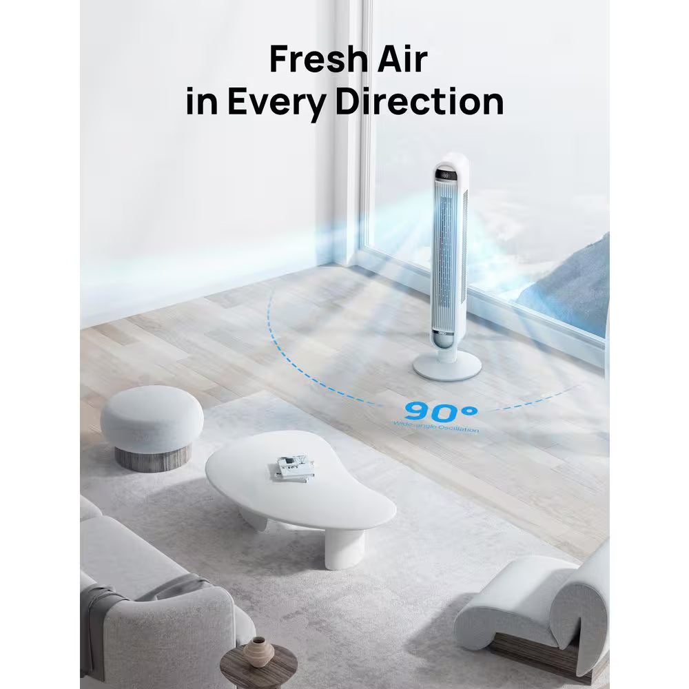 Smart Essential 42 In. 6 Fan Speeds Tower Fan in White with Wi-Fi, Voice Control, Remote and 90° Oscillation