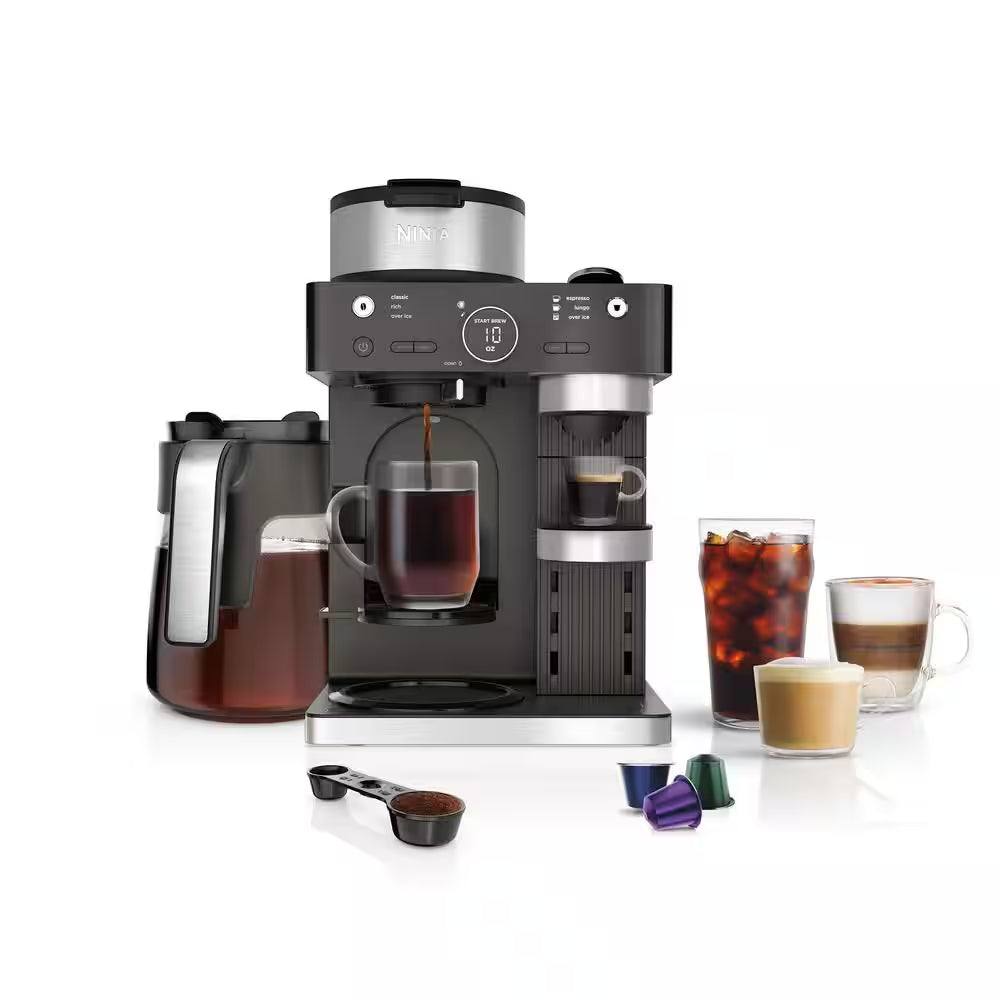 Espresso and Coffee System, Single-Serve and Nespresso Capsule Compatible, 12- Cup Black Stainless Steel Coffee Maker