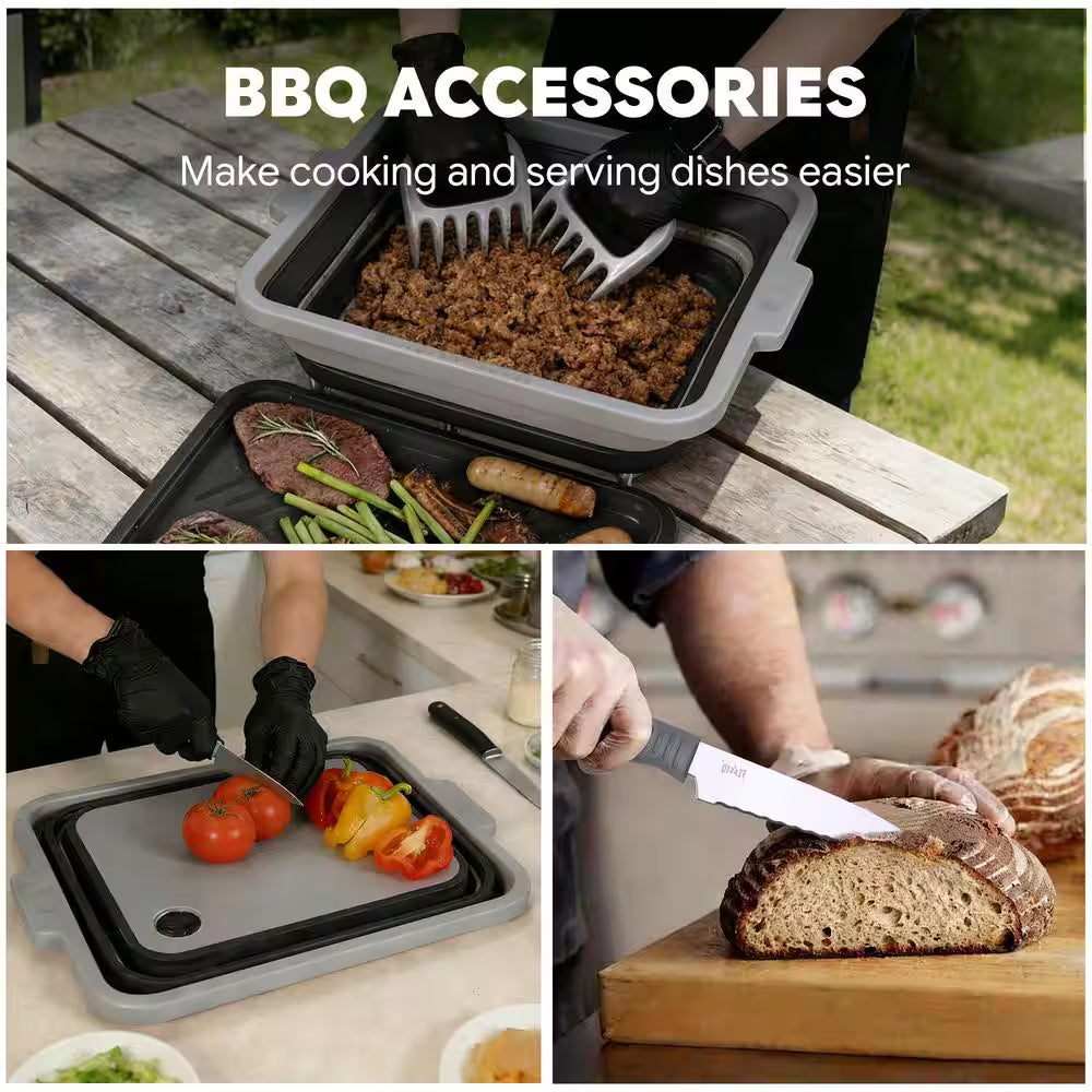 9-Piece Multifunctional Collapsible BBQ Prep Tub with Cutting Board, Portable Grill Tool Set, Black