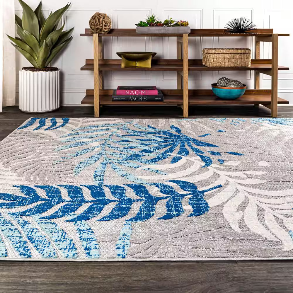 Tropics Palm Leaves Gray/Blue Indoor/Outdoor 8 Ft. X 10 Ft. Area Rug