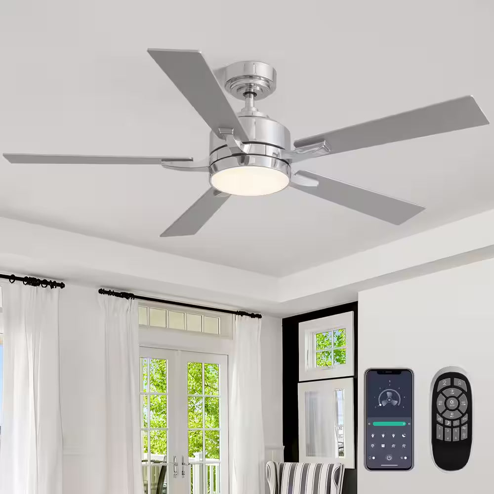 52 In. Indoor Modern Chrome Ceiling Fan with LED Light and Remote Control for Bedroom and Living Room